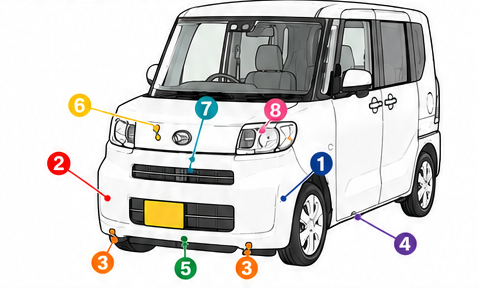純正品番90467-07164の代表的な使用箇所マップ（ダイハツ タント等 軽ミニバンの車両全体図）