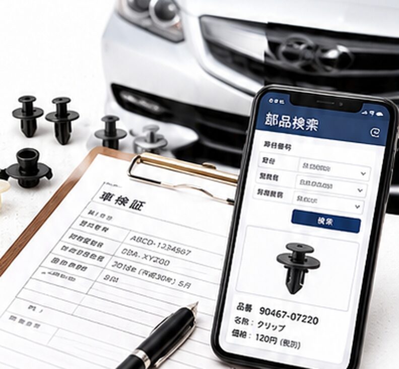 車検証・部品検索アプリ・純正クリップと車。純正部品品番の調べ方のイメージ