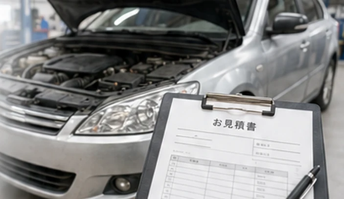 整備工場でボンネットを開けた車と修理の見積書