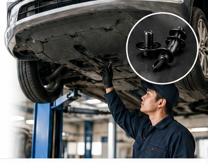 車の下回り(アンダーカバー)を点検する整備士と、外れやすい樹脂クリップの例